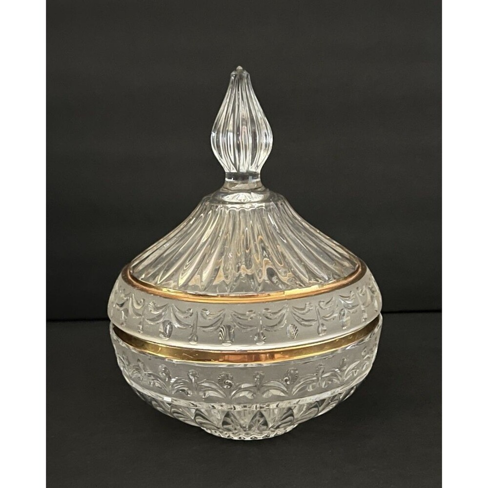 Cristal de Flandre Salzburg 24% Lead Crystal Glass Gold Trim Candy Dish with Lid